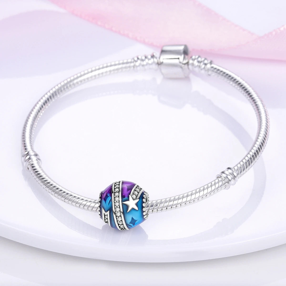 Silver Plated Colorful Glowing Moon & Stars Rainbow Dangle Charms | Fit Original Bracelet & Necklace | Women’s Jewelry Beads