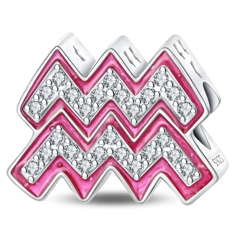 925 Sterling Silver Pink Zircon 12 Zodiac Signs Charms | Fit Original Pandora Bracelets DIY Jewelry Gift for Women