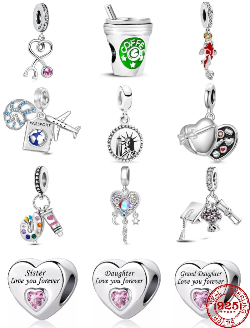 925 Silver 🎓☕ Coffee, Family & Travel Charm | Pandora Fit Bead DIY