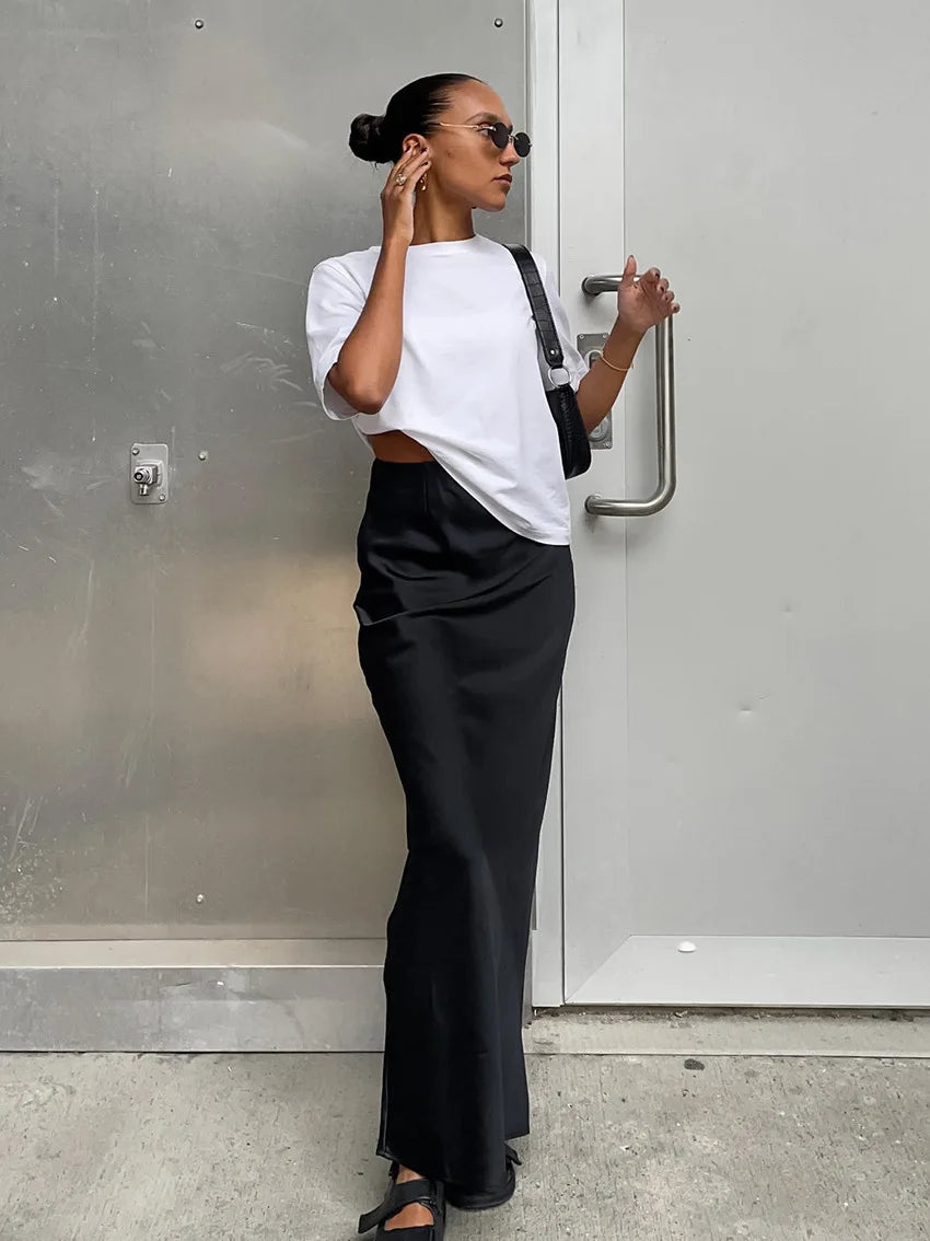 2024 Women’s Fashion Satin High Waist Midi Skirt – Stylish, Chic & Versatile Female Skirt