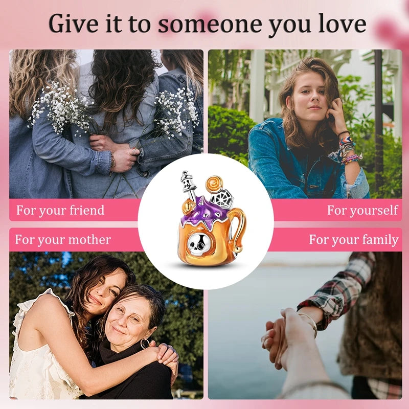 Halloween 925 Sterling Silver Charms | Pumpkin Skeleton Witch Bat Beads for Bracelet DIY Jewelry