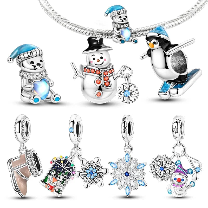 925 Sterling Silver Winter Snowman & Snowflake Charm Beads – Fits Original Bracelet DIY Fine Jewelry Gift for Women
