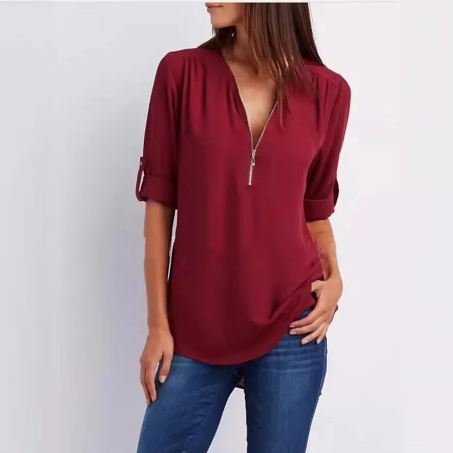 2025 Women’s Chiffon Blouse | Sexy Deep V-Neck Zipper Pullover Loose Fashion Top Plus Size