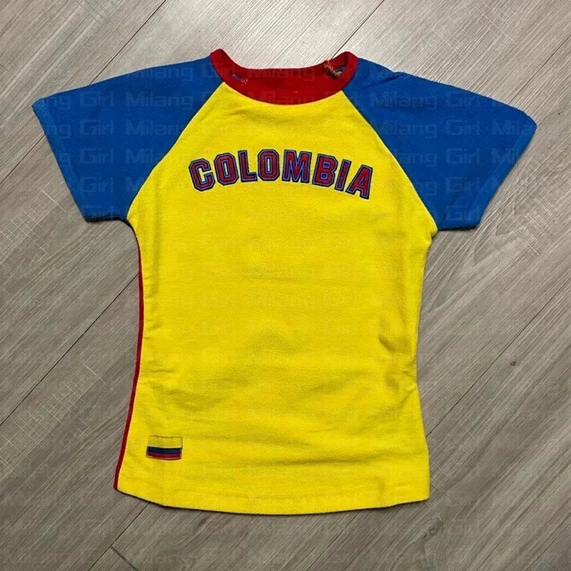Y2K Colombia Print Punk Grunge Patchwork T-Shirt – Women’s Slim Sexy Crop Top Streetwear