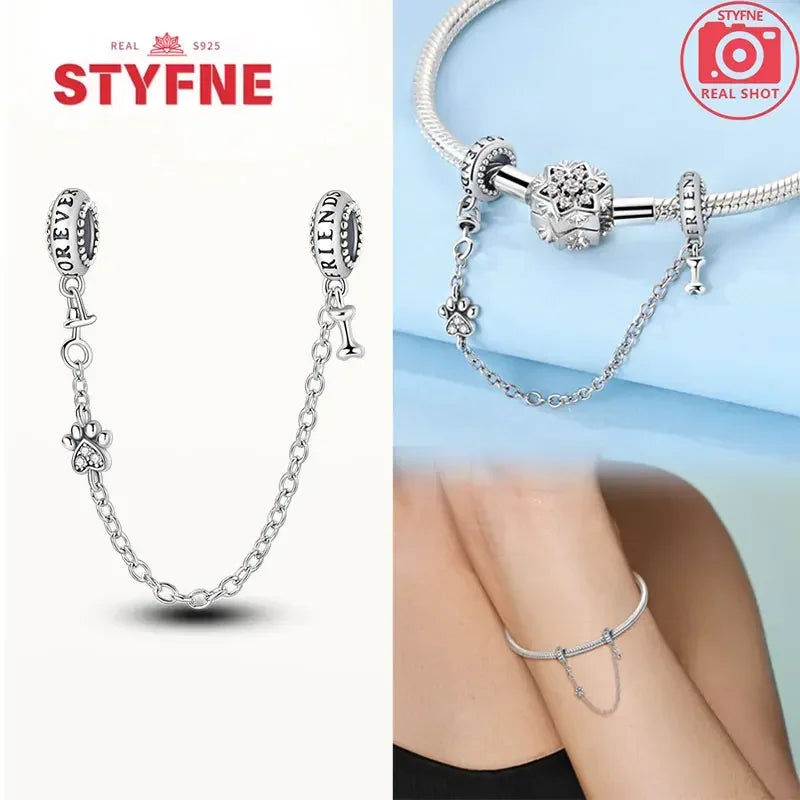 S925 Silver Cute Cat Heart Bead Safety Chain Fit Original Bracelet