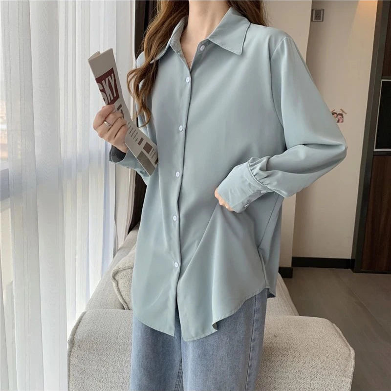 Women’s Chiffon White Shirt – Korean Fashion Loose Long Sleeve Elegant Office Blouse 🤍✨