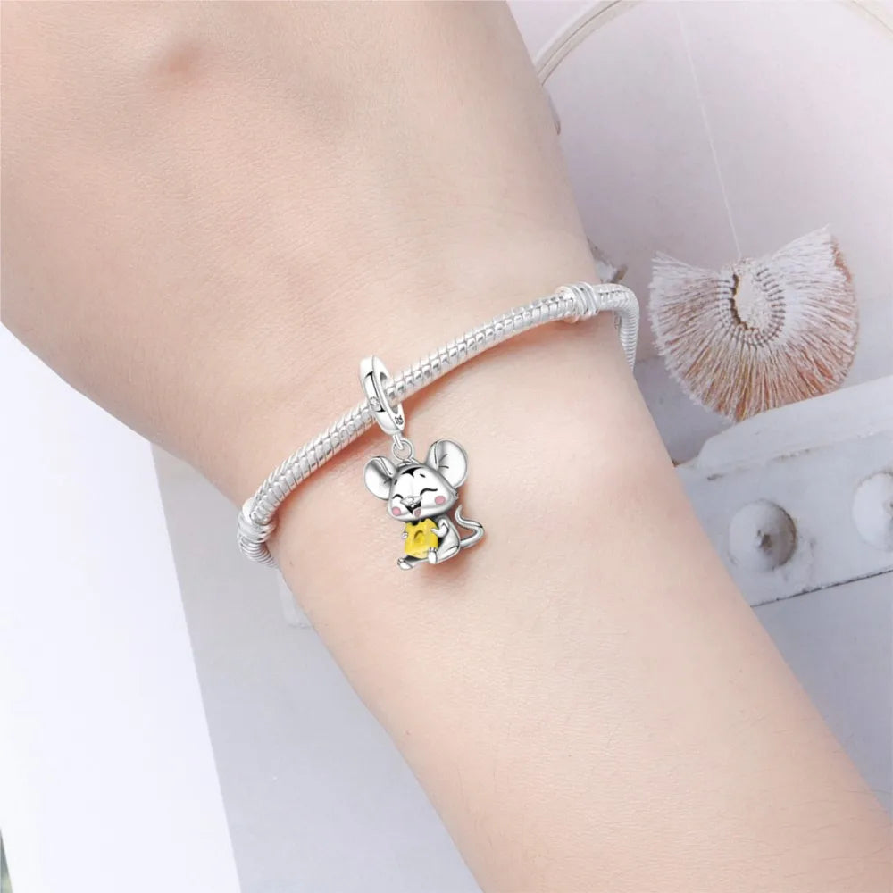 PANPOKI 925 Sterling Silver Cute Mouse Eating Cheese Charm Pendant | Original Bracelet DIY Jewelry Gift for Women