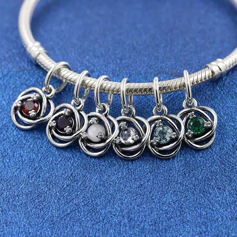 Silver S925 Twelve Month Birthstone Heart Eternity Charms | Fit Original Bracelet | Women’s DIY Fine Jewelry Beads