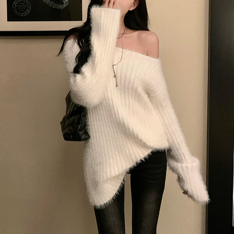 Fuzzy Knit Sweater for Women – Soft Fluffy Boat Neck Tunic Top | Rib-Knit Fitted Plain Jumper Autumn Winter Basic Outfit
