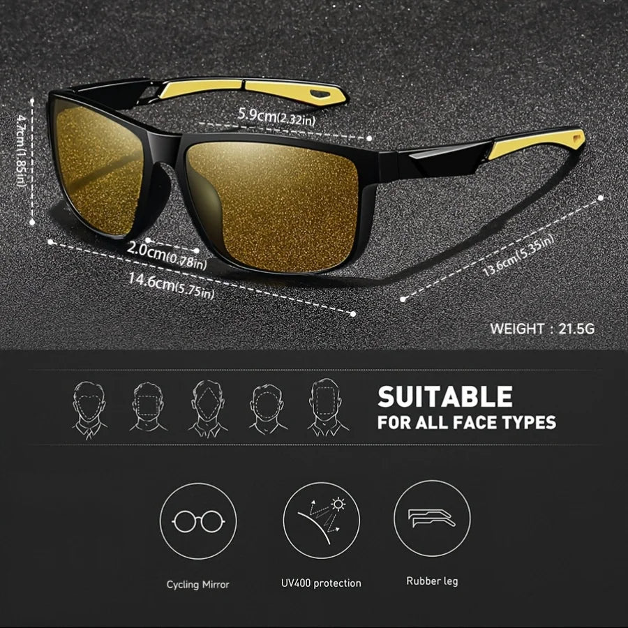 Square Yellow Night Vision Anti-Glare Goggles – Men & Women Driving, Fishing, Beach Sunglasses | UV Protection Polycarbonate Glasses