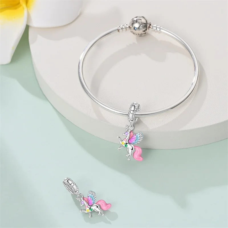 925 Silver Plated Magic Mirror Princess Angel Pink Charm Beads | Fits Original Pan 925 Bracelet | Exquisite DIY Jewelry