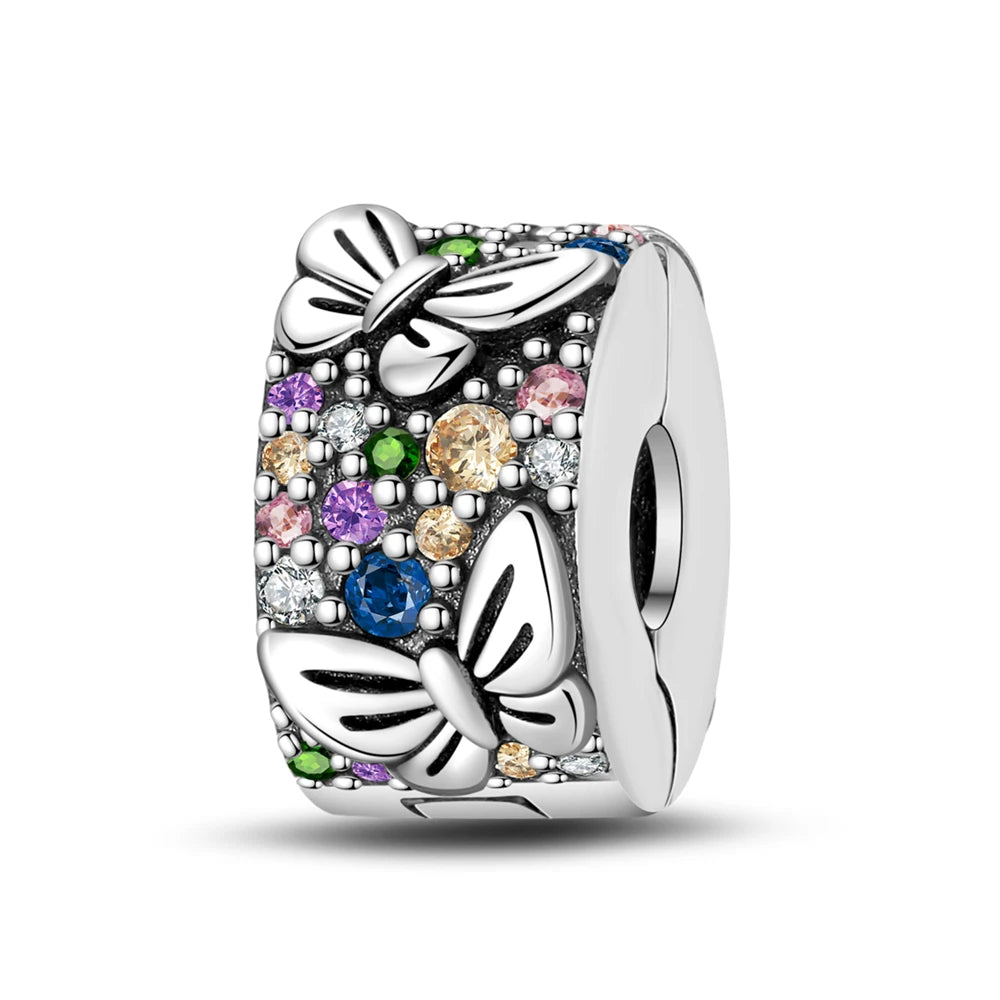 925 Sterling Silver Pave Clip Charms with Safety Chain | Colored Beads Stopper Clasp Fit Original Pandora Bracelet Jewelry