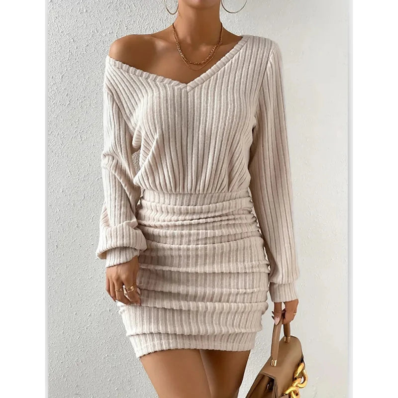 Women’s Autumn Winter Knitted Sweater Mini Dress – Casual Solid Wrap V-Neck Long Sleeve Warm Bodycon Short Dress