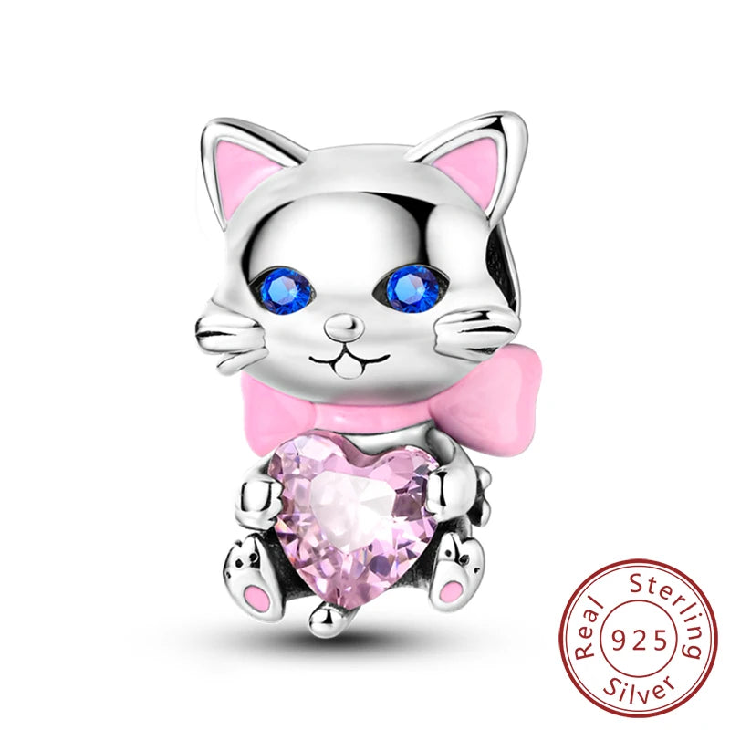 925 Sterling Silver Animal Charms | Cat, Dog & Heart Beads Fit Original Bracelet DIY Jewelry Gift for Women