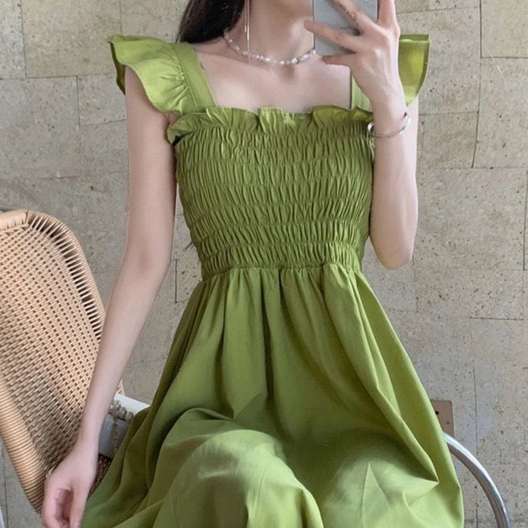 Summer 2025 Ele Hepburn Sle Tea Break Midi Dr Gathered Waist ort Sve Square Collar Pleated A-Line Dr