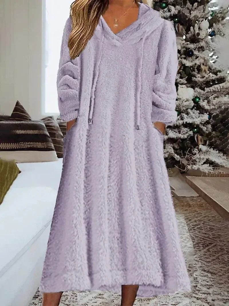 Autumn Winter Plush Hooded Maxi Dress for Women – Warm Casual Home Wear Loose Long Sleeve Comfort Dress | Robe Femme