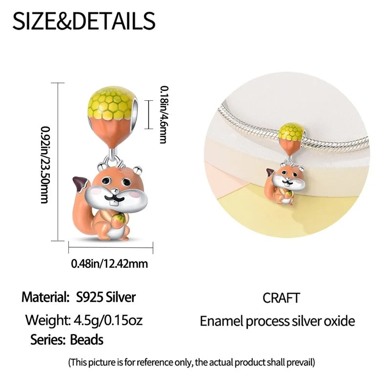 925 Sterling Silver Squirrel & Maple Leaf Charm | Shiny Zircon Autumn Beads Fit Pandora Bracelet DIY Jewelry