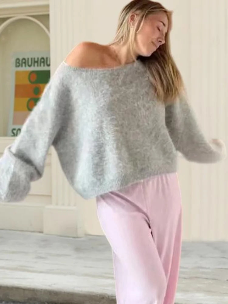 Women’s Off-Shoulder Mohair Sweater | Elegant Loose Knit Pullover for Autumn Fashion 2025