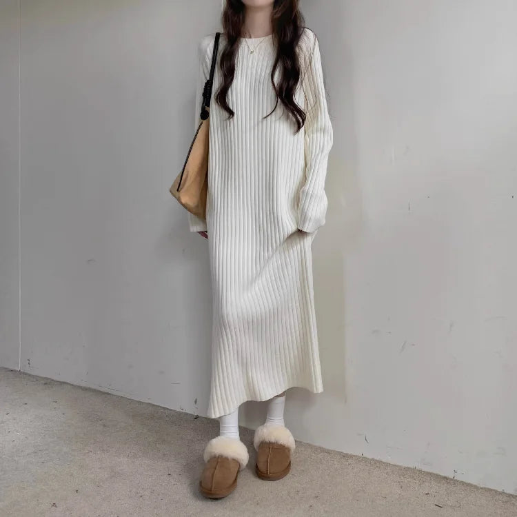 Plus Size Women’s Mid-Length Dress – Casual Round Neck Long Sleeve A-Line H-Line Skirt for Autumn Winter