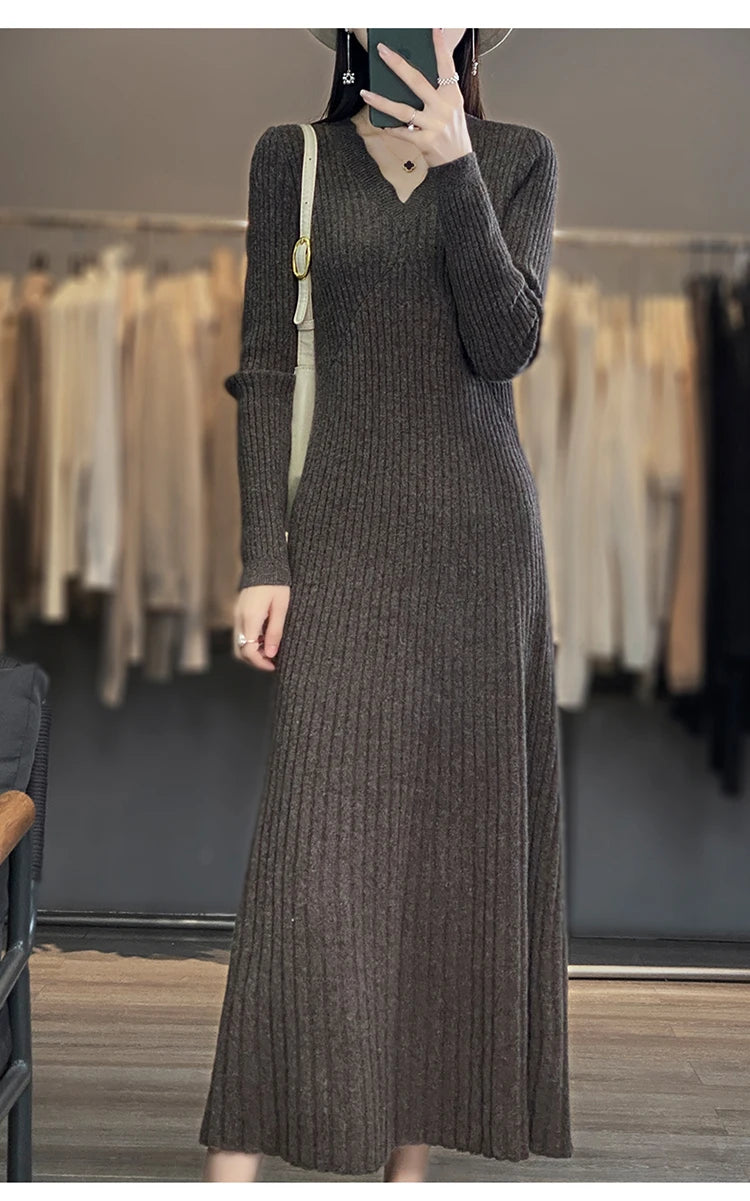 Women’s Mid-Length Knitted Camere Dress – Slimming Base Layer Over-Knee Wrap V-Neck A-Line Gown | Spring & Autumn New