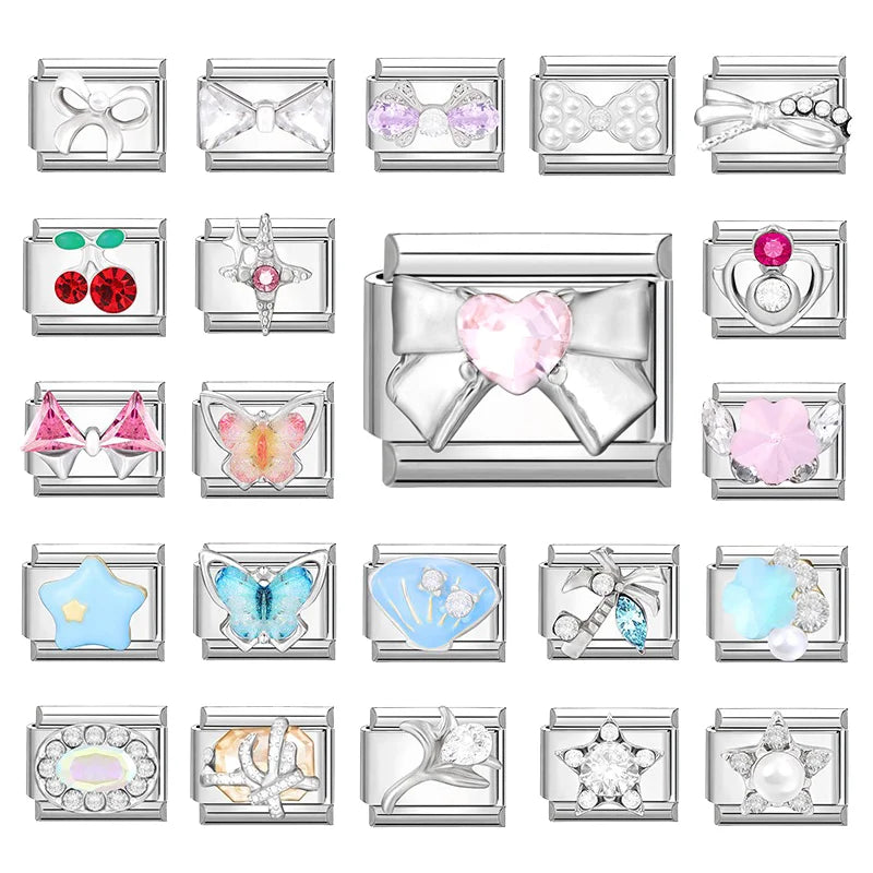 2025 Original Zircon Bow Knot Star Cherry Italian Charm | Stainless Steel 9mm Links DIY Modular Bracelet Jewelry Wholesale