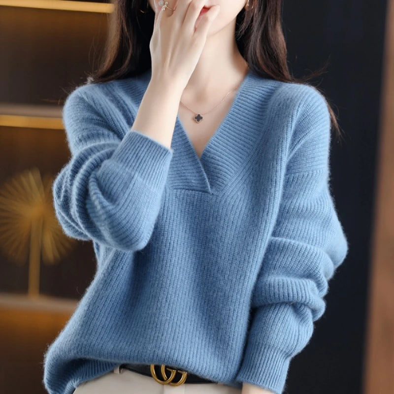 Autumn Winter Women’s V-Neck Knit Sweater – Solid Loose Pullover Soft Warm Casual Top