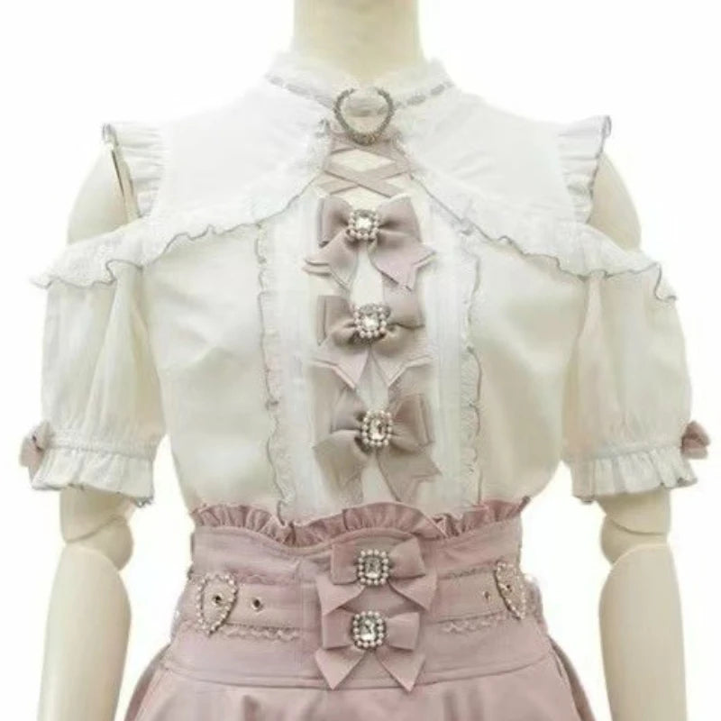 2025 Japanese Kawaii Lolita Lace Blouse | Harajuku Sweet JK Bow Top | Autumn Lightweight Patchwork Shirt for Women