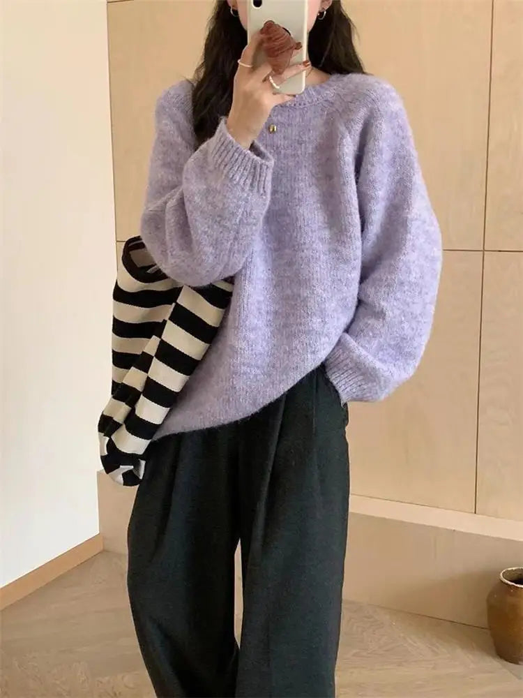 Loose Women’s Blue Sweater | Korean Casual Knitwear | Spring Autumn Round Neck Pullover