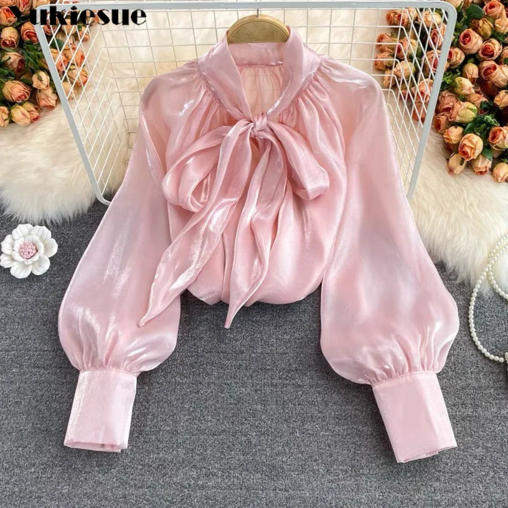 Spring Autumn Korean Harajuku Women’s Top – Bowknot Lantern Sleeve Loose Solid Shirt 🌸👚✨