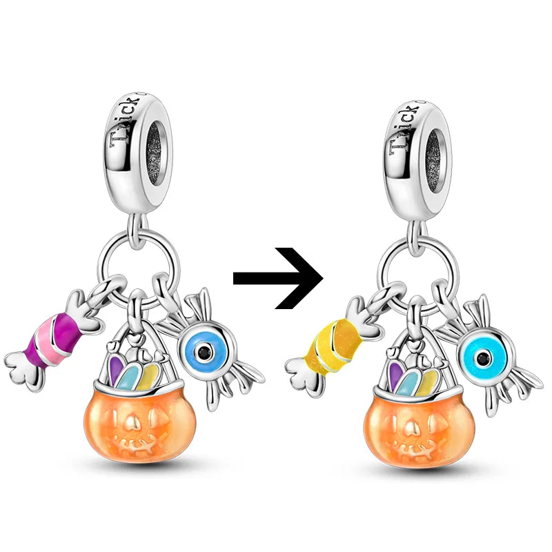 925 Sterling Silver Halloween Series Charms | Pumpkin, Witch, Skull & Candy Beads Fit Original Bracelet DIY Jewelry