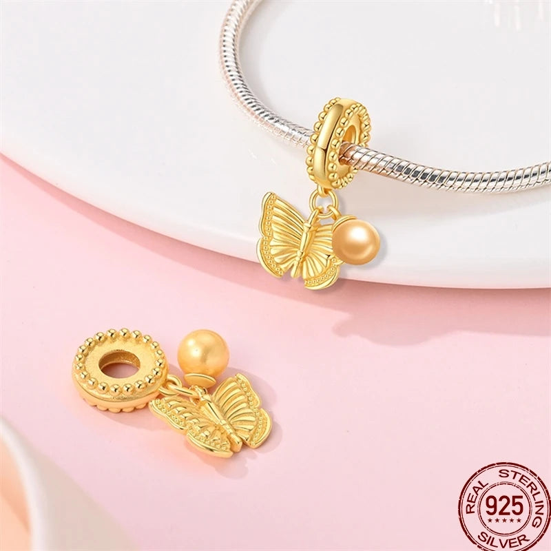 925 Sterling Silver Golden Zircon Saturn Flower Butterfly Charm Bead Fit 3MM Original Bracelet Women DIY Jewelry