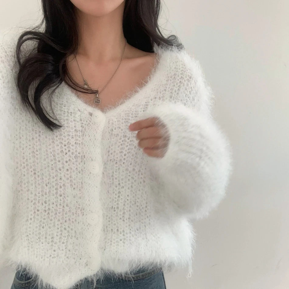 Chic V-Neck Knitted Sweater Coat for Women 🧥✨ Faux Fur Lazy Style Cardigan 💖 Autumn Winter Fashion Outerwear