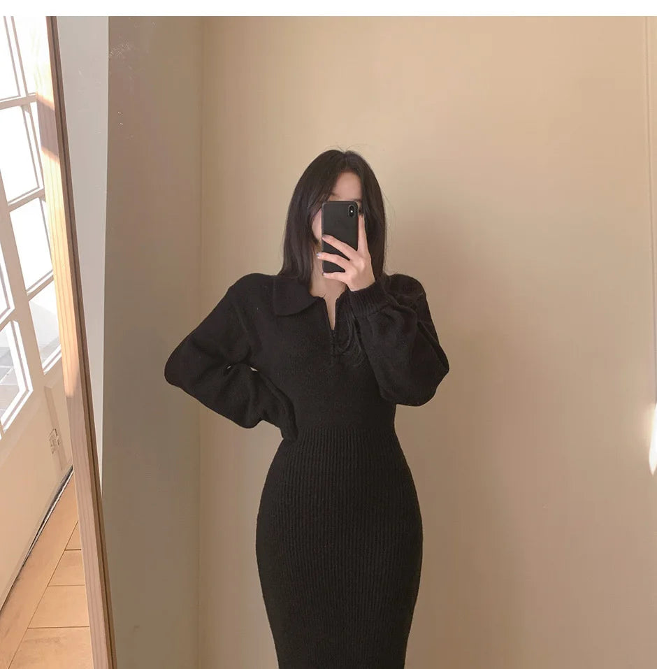 Elegant V-Neck Knitted Dress – Women's Autumn Winter High Waist A-Line Long Skirt, Soft Wrap Body Korean Style