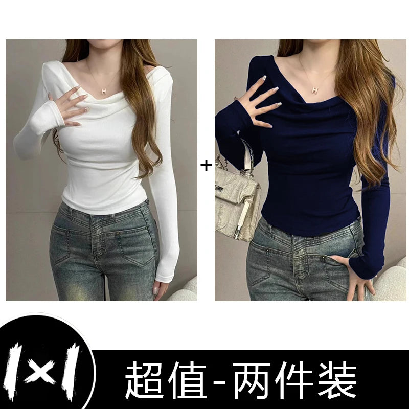 Spicy Girl One-Shoulder Long Sleeve T-Shirt for Women – Slim Fit Knitted Cotton Inner & Outer Wear Top | INS Youth Commute Style