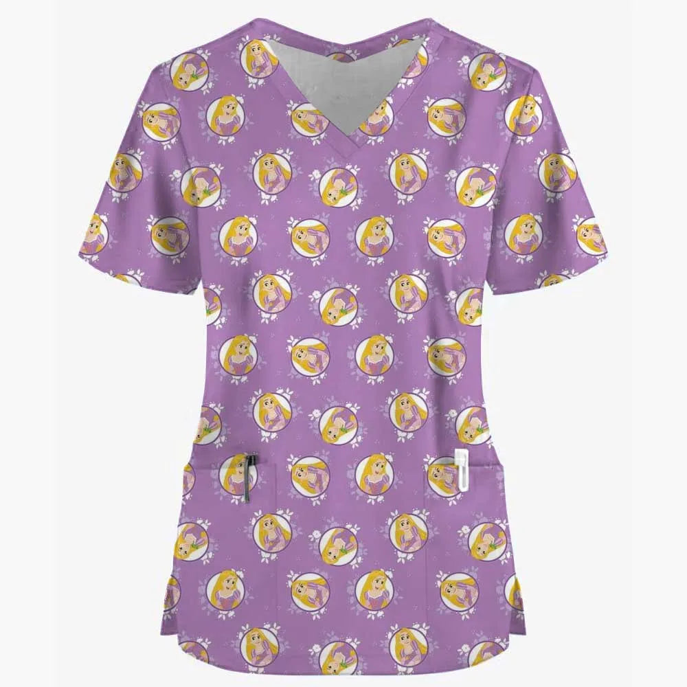 Disney Princess Ariel & Elsa Print Scrub Tops – Women’s Nurse & Dentist Work Uniform 👩‍⚕️✨
