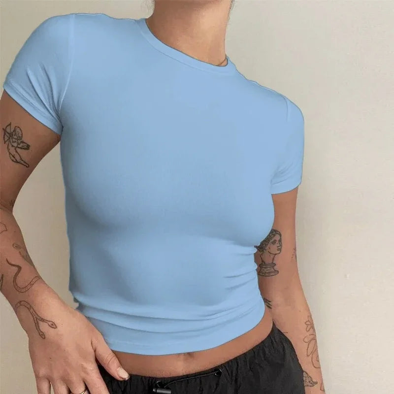 Women’s Slim Fit O-Neck Knitted T-Shirt – Y2K Streetwear Short Sleeve Sheath Tee 2024