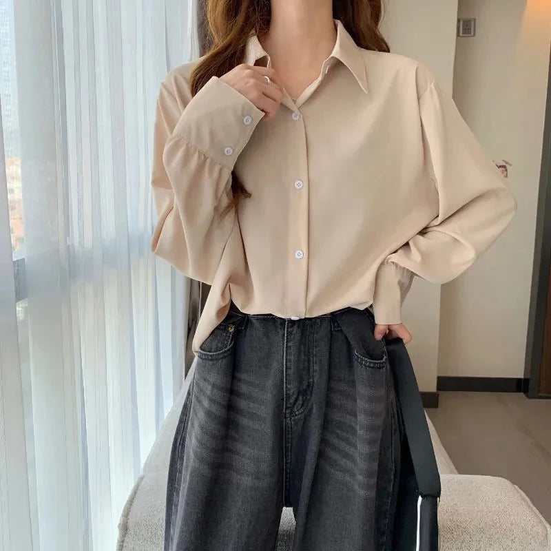 Women’s Chiffon White Shirt – Korean Fashion Loose Long Sleeve Elegant Office Blouse 🤍✨