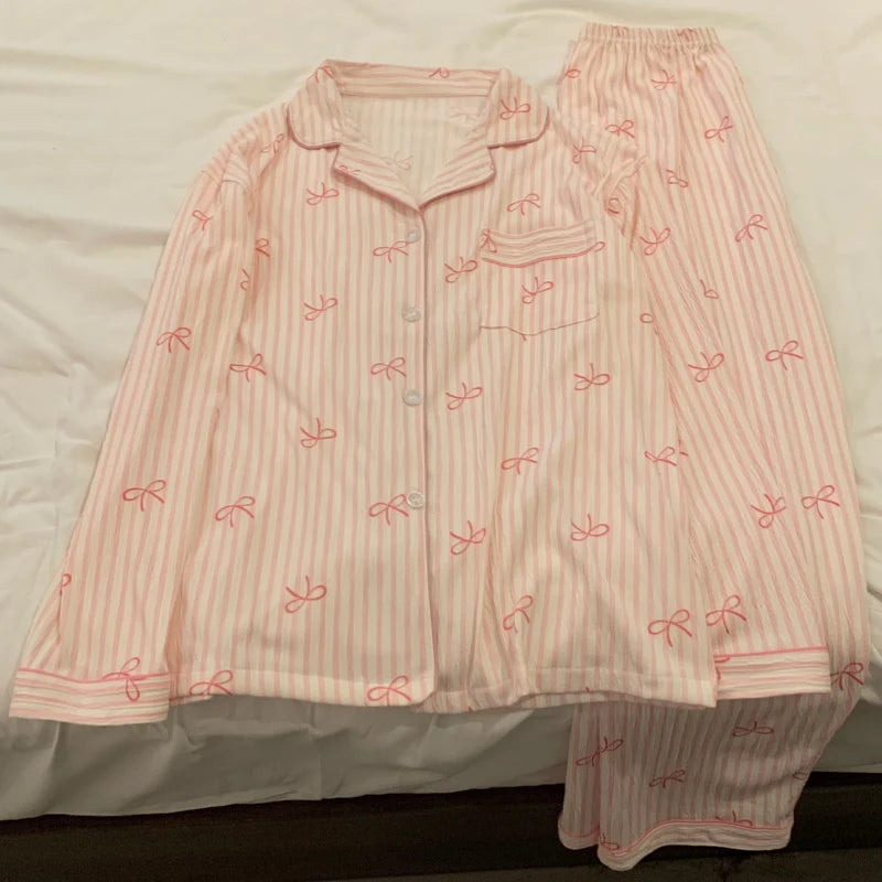 🌸 Pink Bow Pajamas Set for Women 💖 Long Sleeve Top & Elastic Waist Pants 🛌 Harajuku Style Casual Home Wear