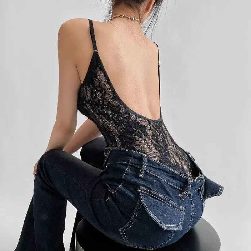 Sexy See-Through Lace Backless Bodysuit – Spaghetti Strap Slim Fit Romper Playsuit 🔥👗