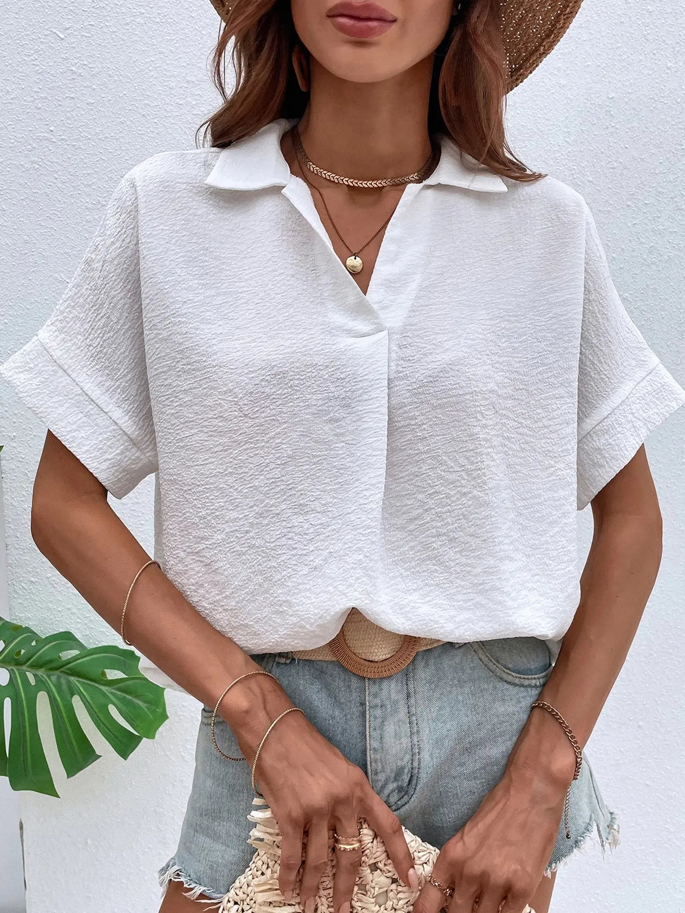 Ladies Solid Color Lapel Neck Blouse – Casual Batwing Sleeve Women Tops 👚✨