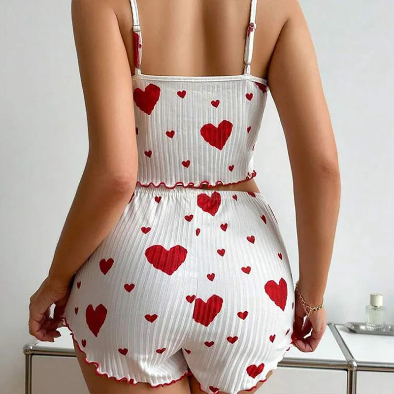 Women’s 2-Piece Pajamas Set – Short Tank Top & Shorts Sleepwear, Soft Casual Ventilated Loungewear with Love Print