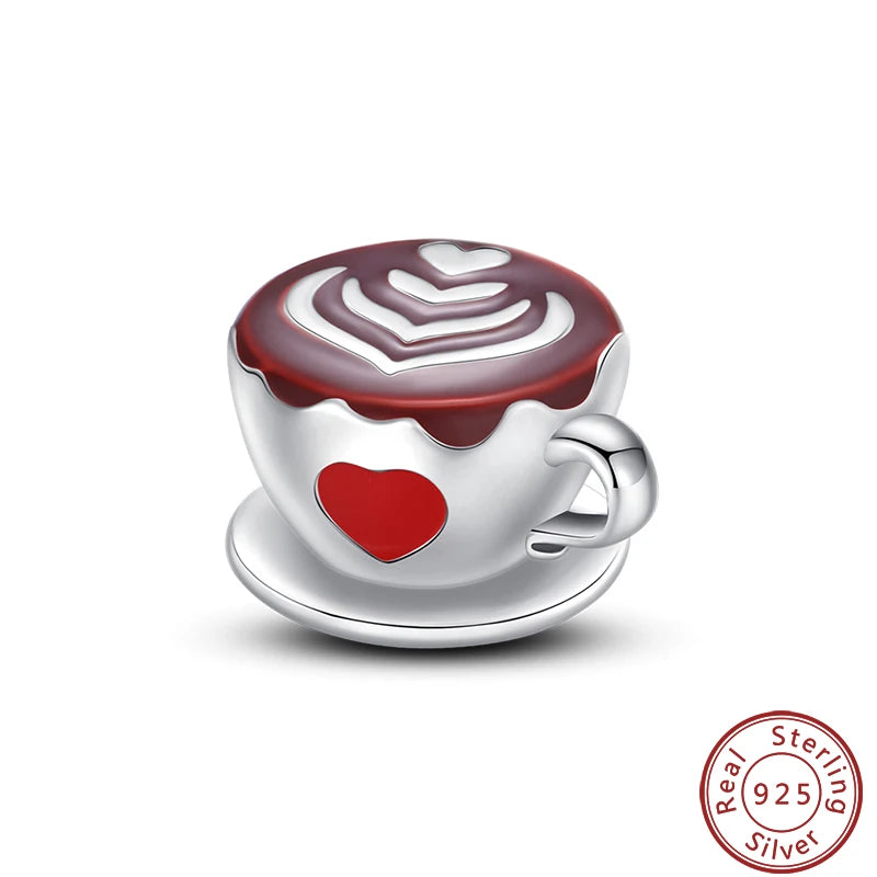 925 Sterling Silver Dessert Afternoon Tea Charm – Coffee, Cake, Pizza & Fries Beads Fit Original Pandora Bracelet DIY Jewelry