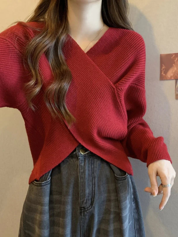 2025 New Korean Style Casual Slim Fit Knitted Top – Cross Neck Lazy Sleeve Design Sensation