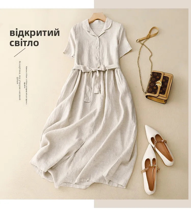 Pure Linen Shirt Dress – Women's Summer Lightweight Breathable Long Dress, Loose Plus Size with Slimming Belt