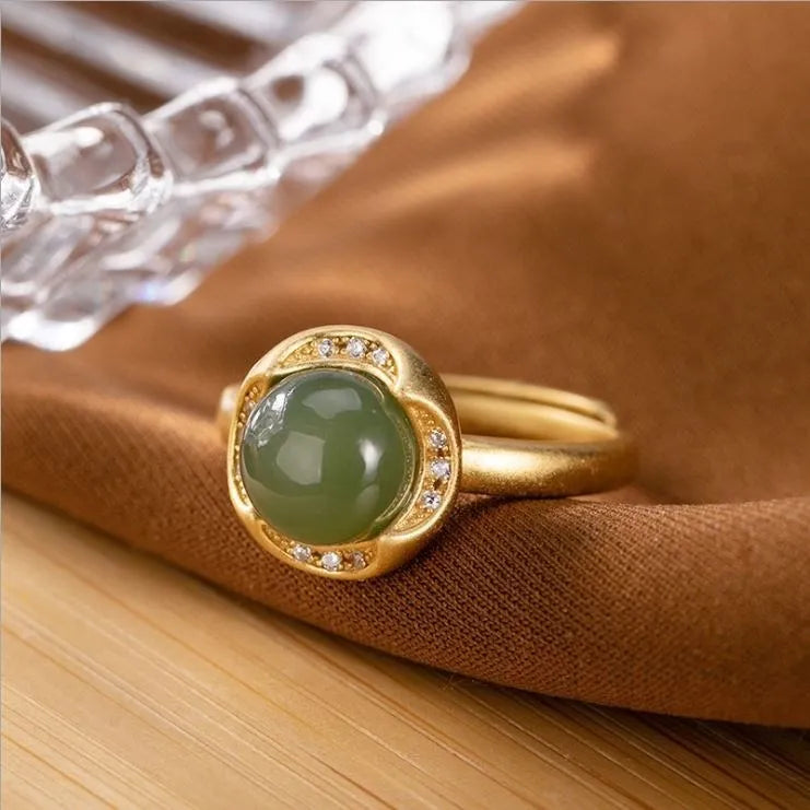 PANJBJ 925 Sterling Silver Hotan Jade Geometric Adjustable Ring | Retro Delicate Jewelry Gift for Women