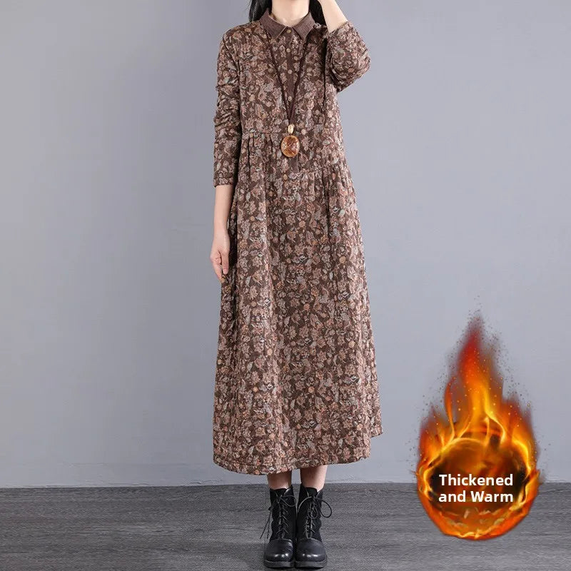 Thickened Floral Print Retro Women’s Dress – Cotton-Lined Warm A-Line Skirt with Long Sleeves & Collar | Winter Casual Dress