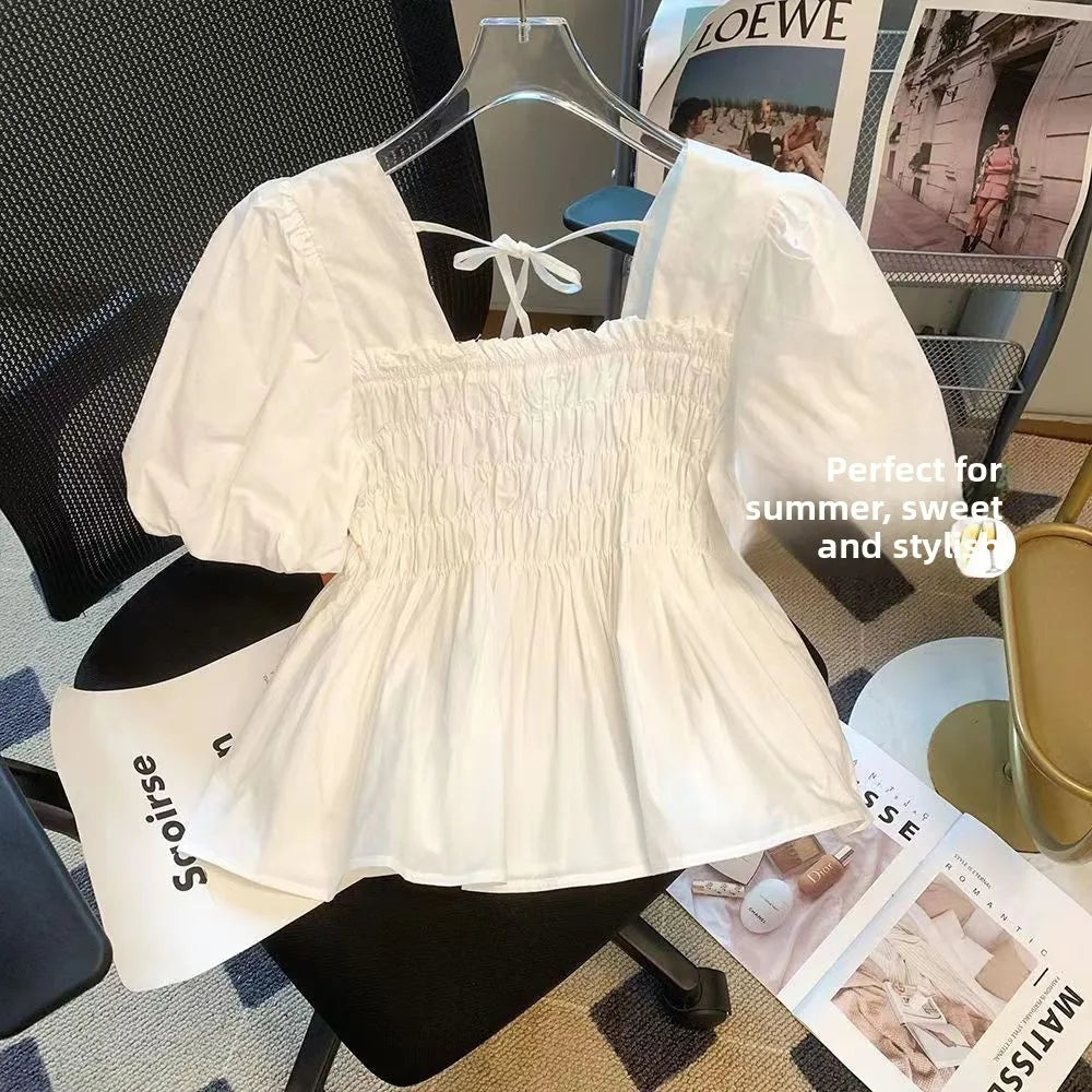 Summer 2025 New Sle Square Collar Pleated ort Sve Doll irt Women Small Size Bubble Sve Chiffon Blouse Top