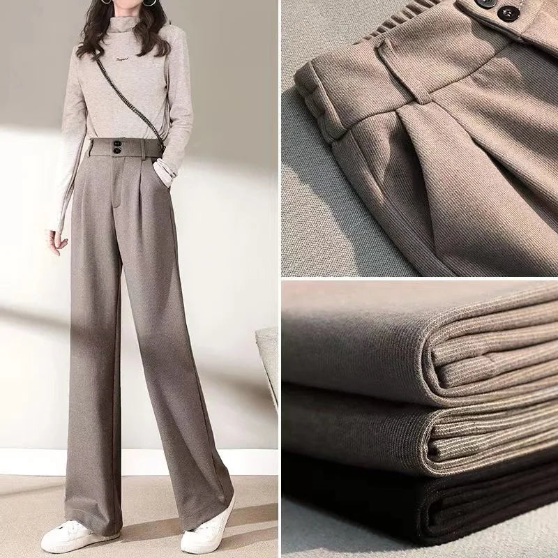 2024 Autumn Winter Women’s Woolen Wide Leg Pants – High Waist Thick Draping Trousers