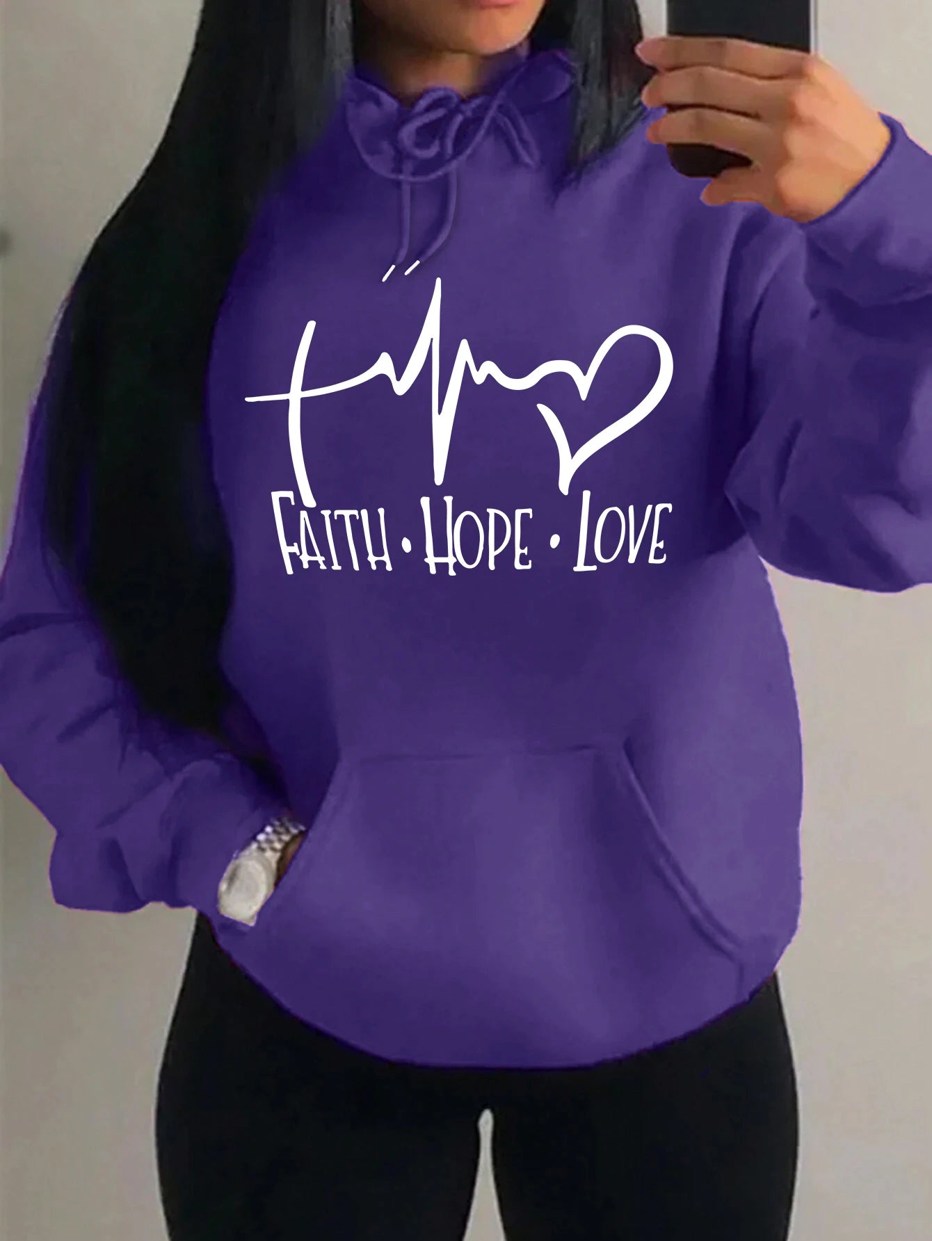 Faith Hope Love Letter Graphic Women’s Hoodie – Casual Loose Streetwear Fleece Pullover Autumn Top