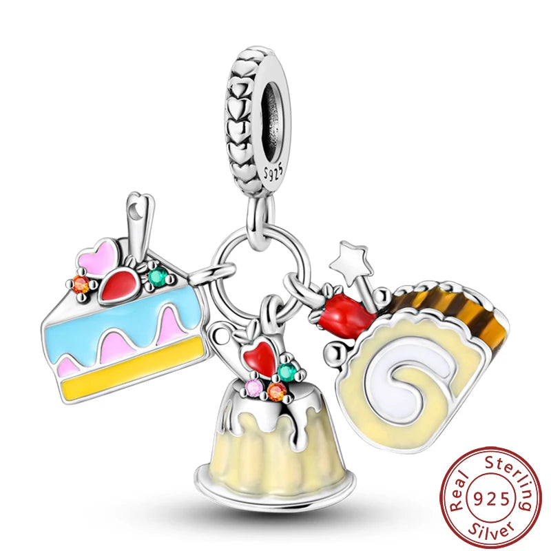 925 Sterling Silver Dessert Afternoon Tea Charm – Coffee, Cake, Pizza & Fries Beads Fit Original Pandora Bracelet DIY Jewelry